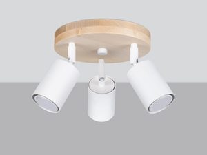 Miniaturka 1 - Lampa sufitowa z trzema białymi reflektorami na okrągłej podstawie z drewna