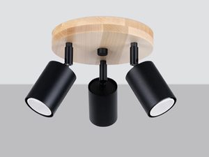 Miniaturka 5 - Nowoczesna lampa z trzema czarnymi reflektorami na okrągłej drewnianej podstawie