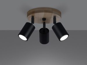 Miniaturka 6 - Lampa sufitowa z trzema czarnymi reflektorami i drewnianą bazą do loftu