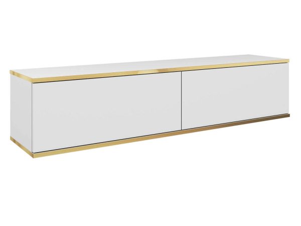Biała minimalistyczna szafka RTV z frezowaniem i złotym akcentem