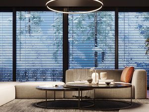 Miniaturka 9 - Salon z panoramicznymi szybami i zawieszoną lampą LED czarno-białą