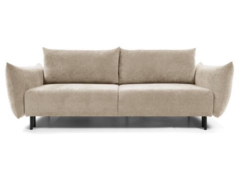 Beżowa sofa tapicerowana z miękkimi poduszkami w stylu minimalistycznym