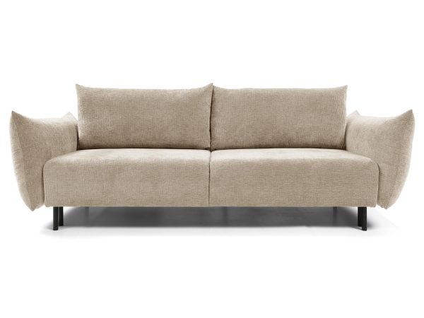 Beżowa sofa tapicerowana z miękkimi poduszkami w stylu minimalistycznym