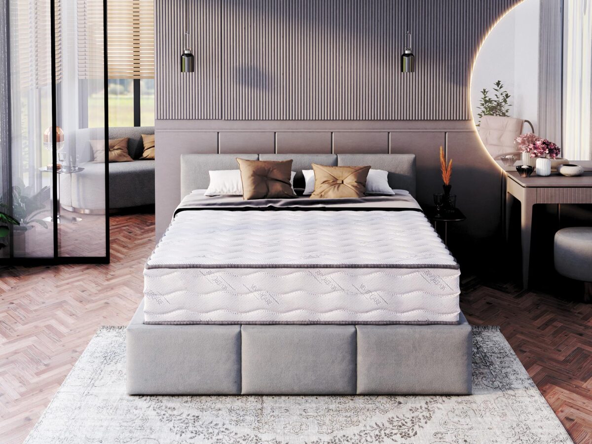 Łóżko tapicerowane z materacem w sypialni w stylu nowoczesnym Łóżko tapicerowane z materacem w sypialni w stylu nowoczesnym