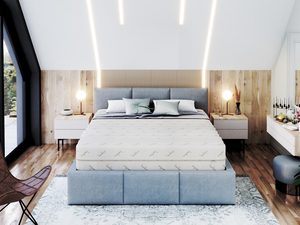 Miniaturka 1 - Tapicerowane łóżko w sypialni w stylu hotelowym z dekoracyjnym zagłówkiem