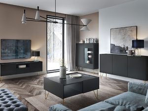 Miniaturka 4 - Salon z czarnym stolikiem kawowym i złotą nogą w stylu modern