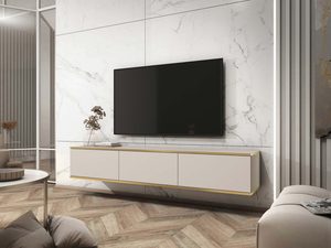 Miniaturka 3 - Frezowana beżowa szafka RTV na ścianie w nowoczesnym minimalistycznym salonie