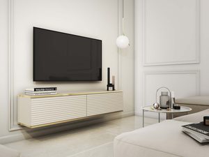 Miniaturka 5 - Jasnobeżowa szafka RTV z pionowym frezowaniem i złotą listwą