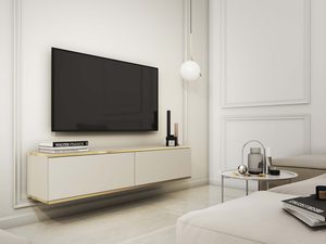 Miniaturka 3 - Beżowa wisząca szafka RTV z frezowaniem i złotą linią w jasnym wnętrzu