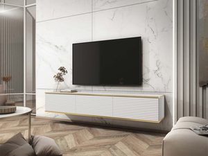 Miniaturka 1 - Biała nowoczesna szafka RTV z frezowanym frontem i złotą listwą w salonie