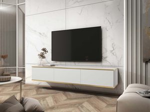 Miniaturka 1 - Biała szafka RTV drewniana z poziomym frezowaniem w jasnym salonie