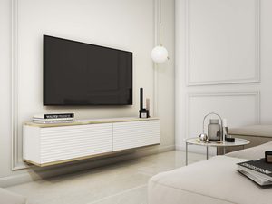 Miniaturka 1 - Szafka RTV biało-złota z poziomym ryflowaniem w jasnym salonie