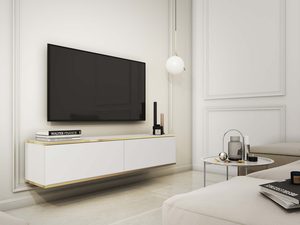 Miniaturka 1 - Biała nowoczesna szafka RTV z frezowanym frontem w minimalistycznym salonie