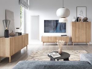Miniaturka 3 - Salon skandynawski z jasną drewnianą komodą pod telewizorem
