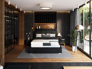 Miniaturka 1 - Sypialnia w stylu loftowym z czarnym łóżkiem i pikowanym materacem