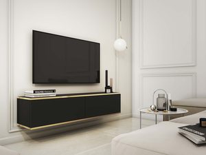 Miniaturka 7 - Ciemna szafka RTV z ryflowanym frontem i złotą listwą w aranżacji glamour