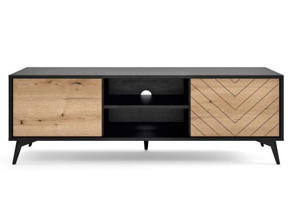Szafka RTV z frontami w jodełkę i korpusem w kolorze czarnym