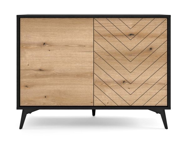 Komoda z dekoracyjnym frontem w jodełkę i czarnym obramowaniem