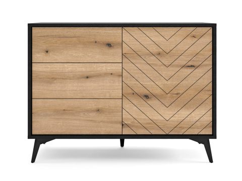 Komoda z podziałem: jedna strona gładka, druga z jodełką