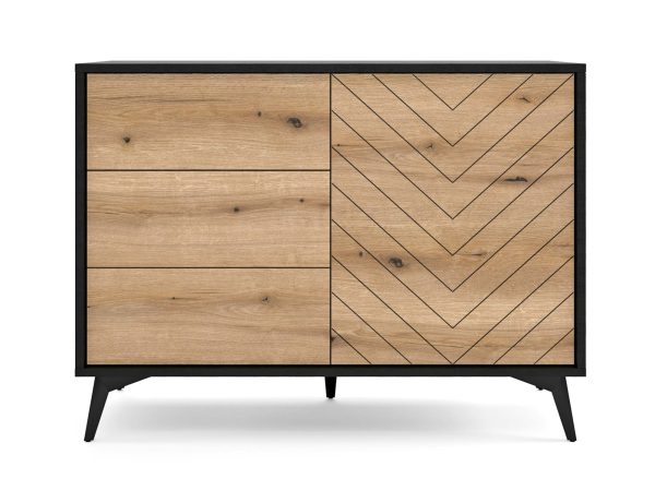 Komoda z podziałem: jedna strona gładka, druga z jodełką