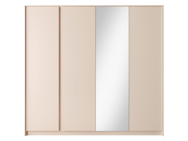 Przesuwna szafa z lustrzanymi drzwiami i jasnymi frontami do nowoczesnej sypialni