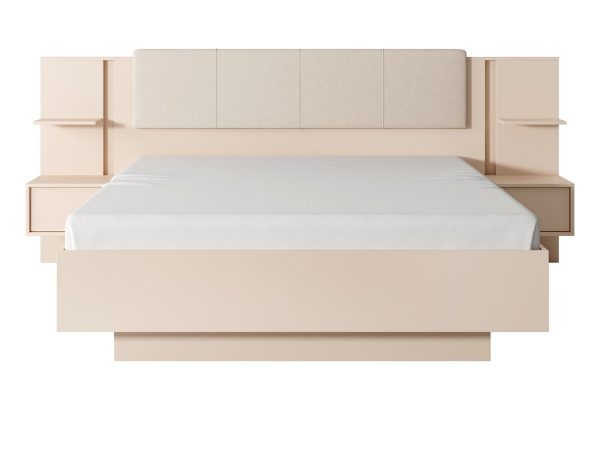 Łóżko z tapicerowanym wezgłowiem i drewnianym korpusem do nowoczesnej sypialni