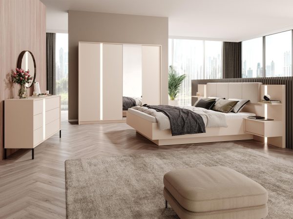 Nowoczesna sypialnia z beżowymi meblami i minimalistycznym designem do eleganckiego wnętrza
