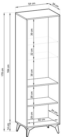 Rysunek techniczny narożnej półki ściennej z wymiarami