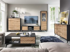 Miniaturka 4 - Salon z drewnianym zestawem RTV i szafką pod TV w stylu industrialnym