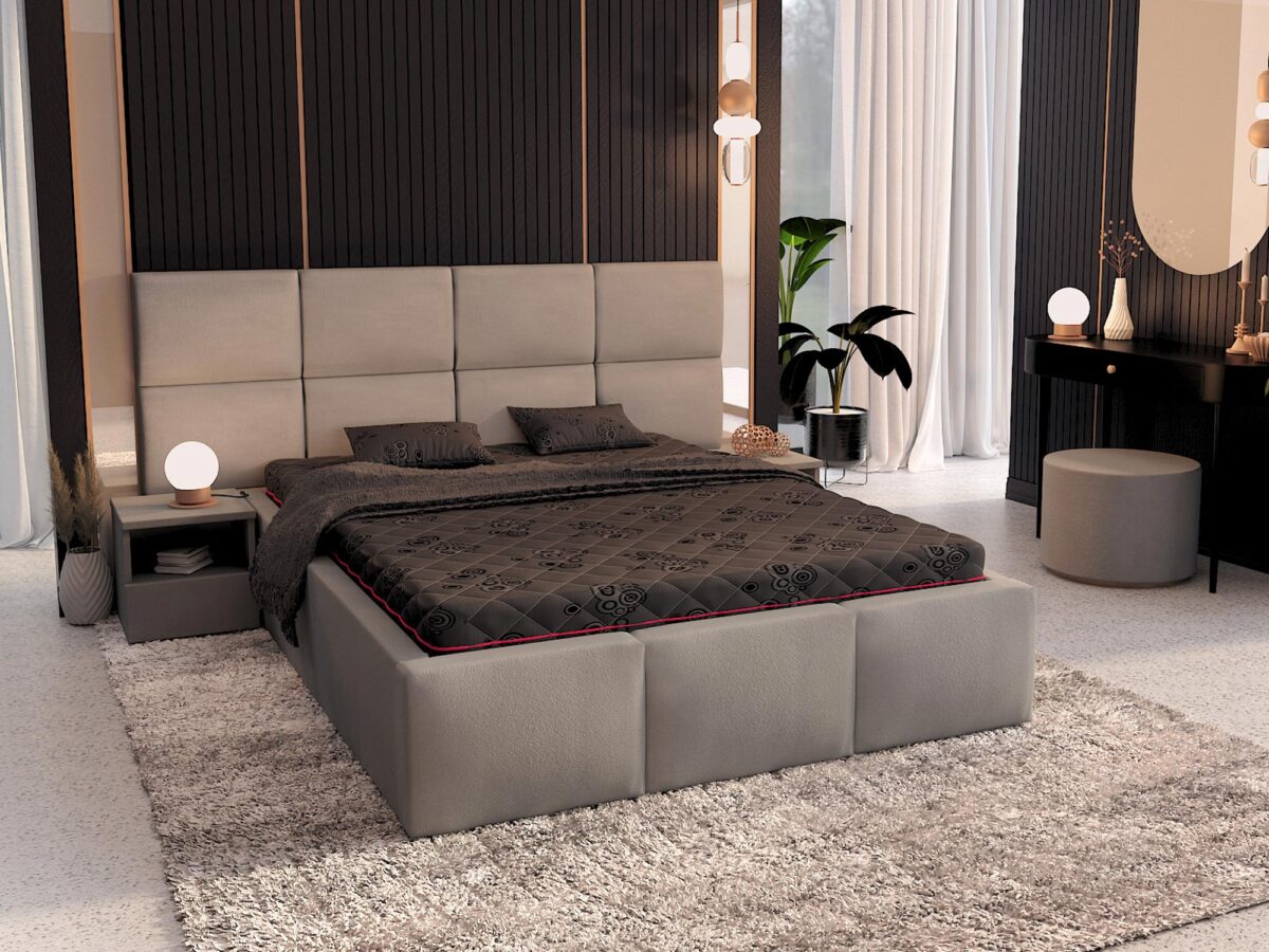 Łóżko tapicerowane w kolorze grafitowym z materacem, sypialnia loftowa