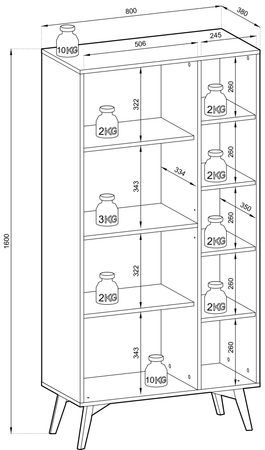 Rysunek techniczny witryny z podziałem na półki i wymiary Rysunek techniczny witryny z podziałem na półki i wymiary