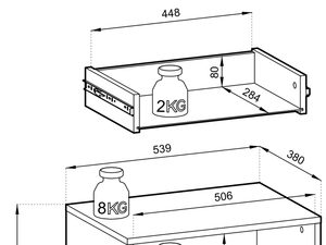 Miniaturka 20 - Rysunek techniczny szafki nocnej z wymiarami i podziałem wnętrza