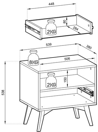 Rysunek techniczny szafki nocnej z wymiarami i podziałem wnętrza
