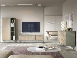 Miniaturka 4 - Aranżacja salonu z meblami w kolorze dębu i beżu oraz zieleni – styl nowoczesny