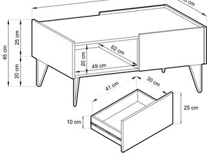 Miniaturka 5 - Rysunek techniczny stolika kawowego z szufladą i zaokrąglonymi krawędziami