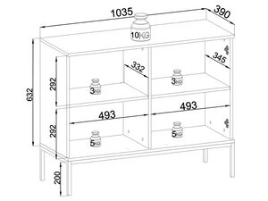 Miniaturka 8 - Rysunek techniczny komody z trzema rzędami półek i oznaczeniem wymiarów