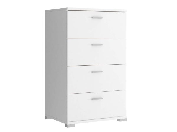 Nowoczesna biała komoda z czterema szufladami, styl minimalistyczny