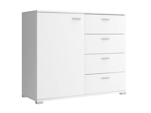 Biała komoda z czteroma szufladami, styl nowoczesny