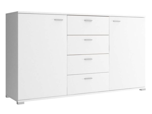 Komoda biała z szufladami i szafkami oraz z srebrnymi uchwytami