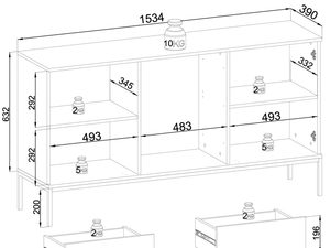 Miniaturka 8 - Rysunek techniczny komody z wymiarami i układem wewnętrznych półek