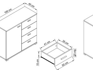 Miniaturka 7 - Rysunek techniczny komody z szufladami i otwartymi półkami z wymiarami