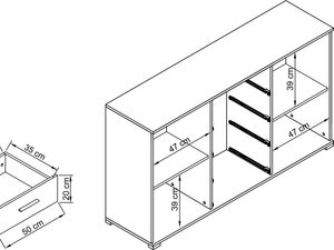 Miniaturka 7 - Rysunek techniczny komody z szufladami i otwartymi półkami