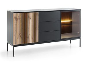 Miniaturka 1 - Czarna komoda z listwami drewnianymi, przeszkleniem oraz podświetleniem