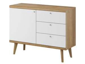 Miniaturka 4 - Biała komoda z drewnianym blatem i trzema szufladami, styl skandynawski
