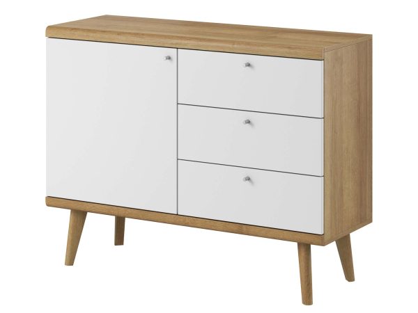 Biała komoda z drewnianym blatem i trzema szufladami, styl skandynawski