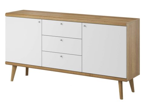 Komoda z białymi frontami i drewnianym korpusem, styl minimalistyczny