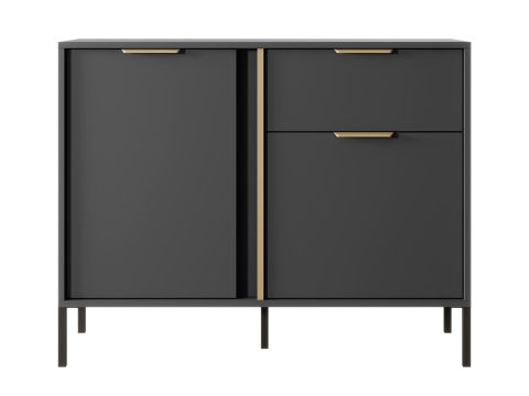 Czarna komoda z złotymi uchwytami, styl minimalistyczny