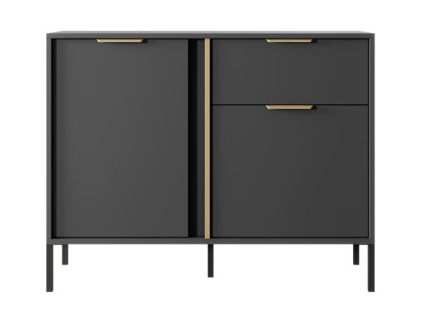 Czarna komoda z złotymi uchwytami, styl minimalistyczny