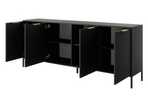 Miniaturka 4 - Nowoczesna czarna komoda z otwartymi półkami i złotymi uchwytami