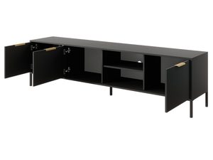 Miniaturka 4 - Czarna szafka RTV z otwartymi półkami i złotymi uchwytami, styl minimalistyczny